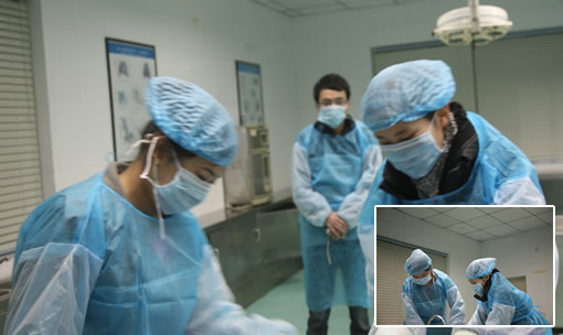 采访结束后,华西都市报记者(后)近距离感受天地圣苑殡葬美容师(前两位)工作